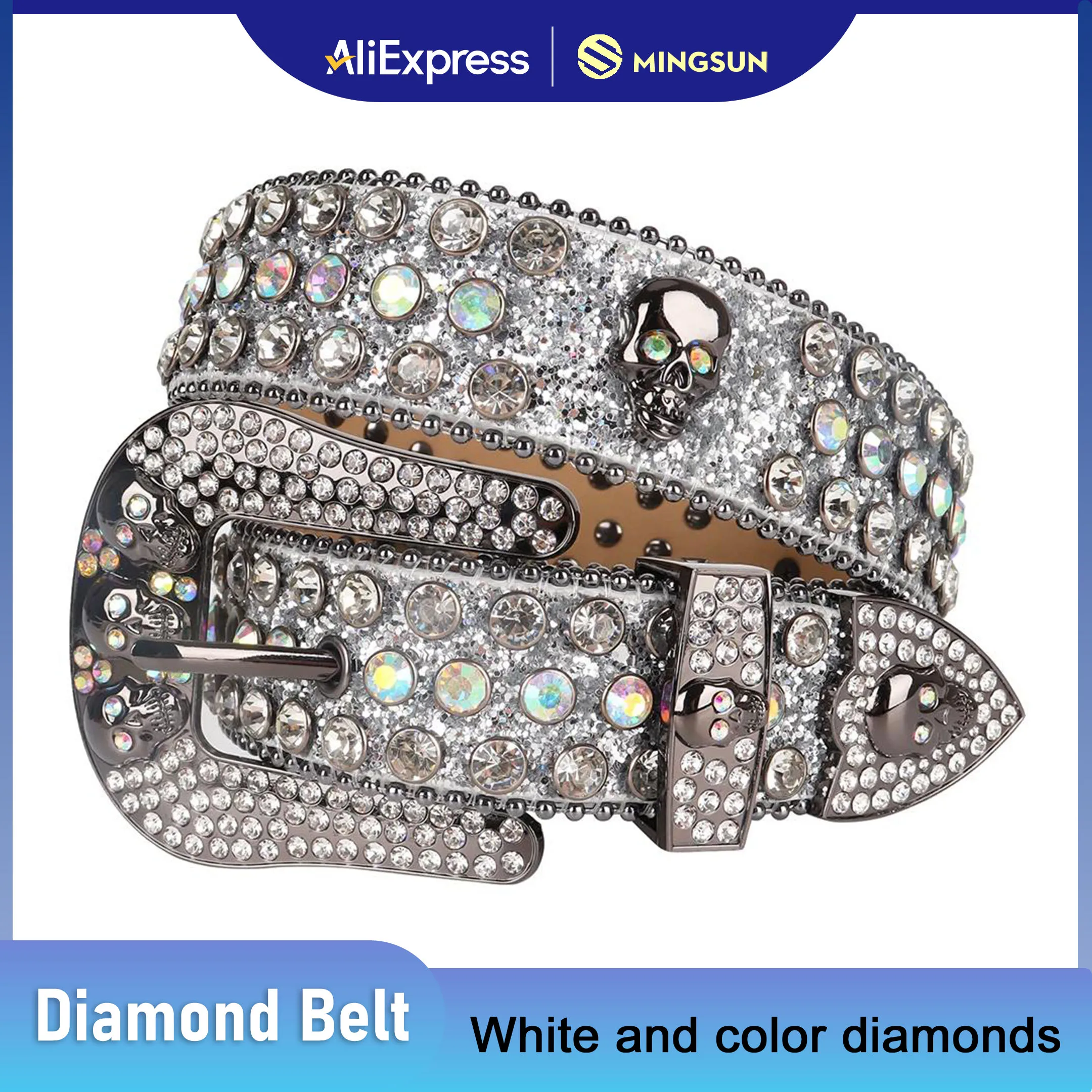Shiny Skull Head Belts for Men Women Western Cowboy Cowgirl Rhinestone Belt Luxury Diamond Studded Belt for Jeans Cinturones