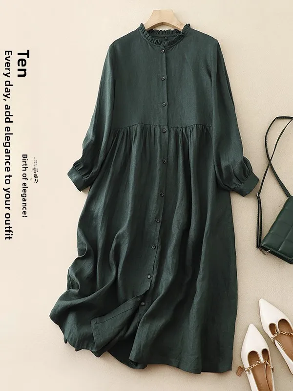 Casual Loose Linen Shirt Dress - เดรสผ้าฝ้ายผสมลินินแขนยาวทรงหลวมสไตล์ลำลองสำหรับผู้หญิง คอลเลคชั่นใหม่ฤดูใบไม้ผลิและฤดูใบไม้ร่วง เดรสเชิ้ตคอตั้งติดกระดุมเต็มตัว ใส่ทำงานในเมือง