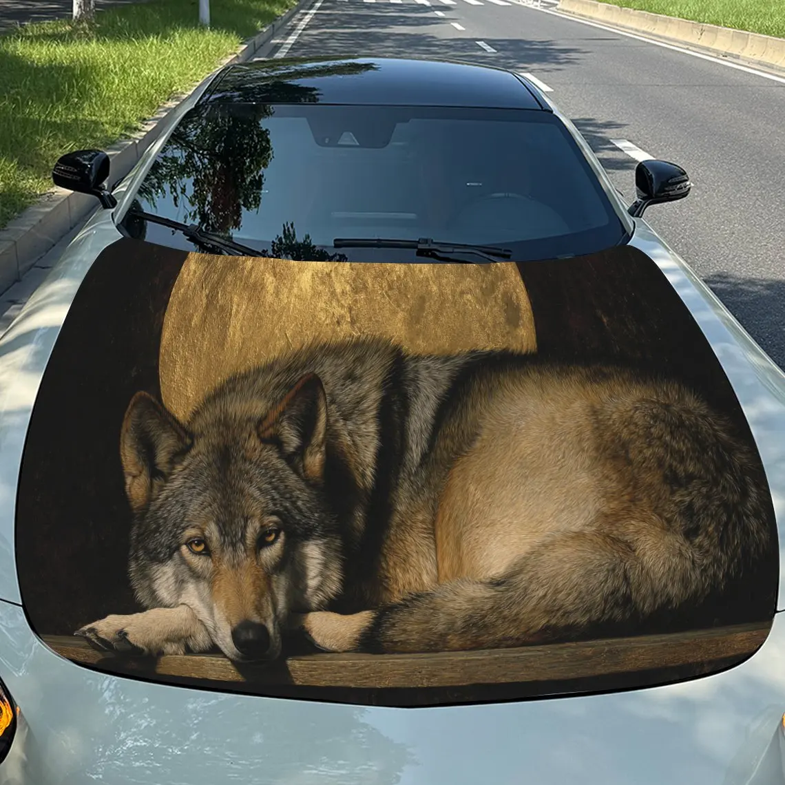

Resting Wolf and Golden Moon Car Engine Hood Sticker, Auto Vinyl Wraps, Waterproof Self-adhesive Vehicle Decal, Durable & Anti-s