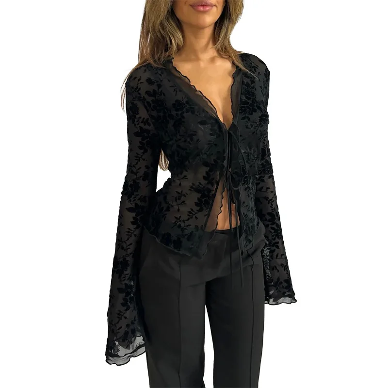 

Pleated Slim Flared Sleeve Chiffon Blouses Shirts Women Sexy Black Hollowe Out Lace Bow Elegant Cheap Clothes Woman Blouse Shirt