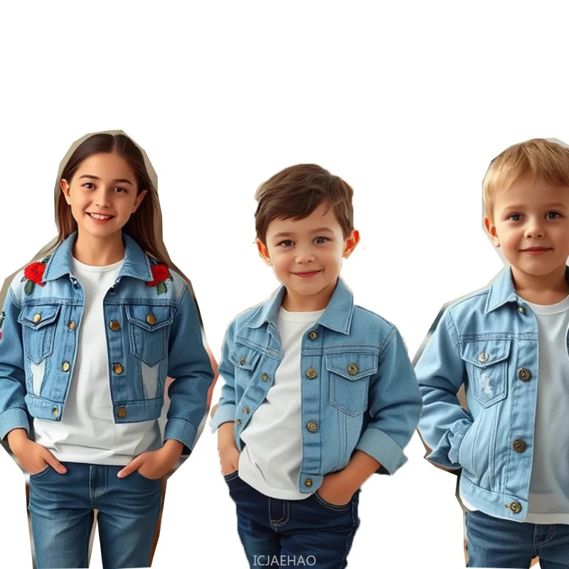

Long Sleeve Short Crop Jacket Boys Girls European Style Kids Denim Jacket Autumn Unisex Casual Outfit Fall Baby Toddler Coat