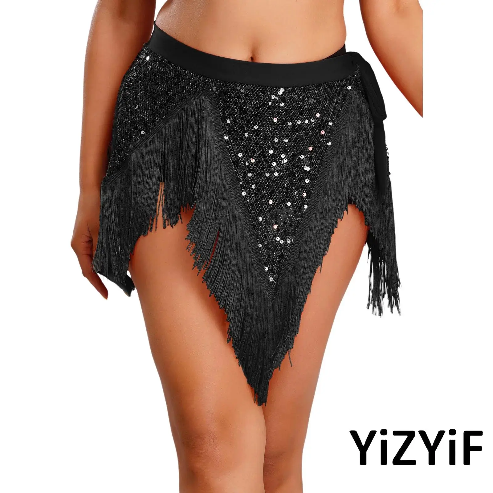 

Womens Belly Dance Hip Scarf Skirt Glitter Sequined Irregular Hem Swing Tassel Trim Lace-up Waist Skirt for Belly Indian Dance