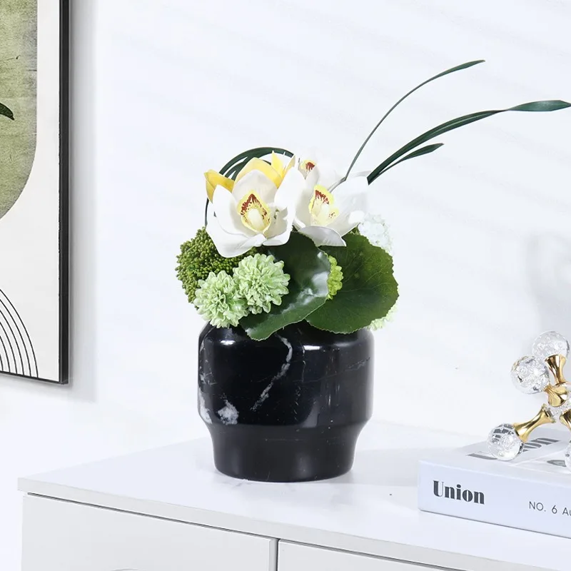 New Chinese Light Luxury Black Marble Planter Pot, Home Hotel Villa Living Room Entryway Tabletop Soft Furnishing Decor Ornament