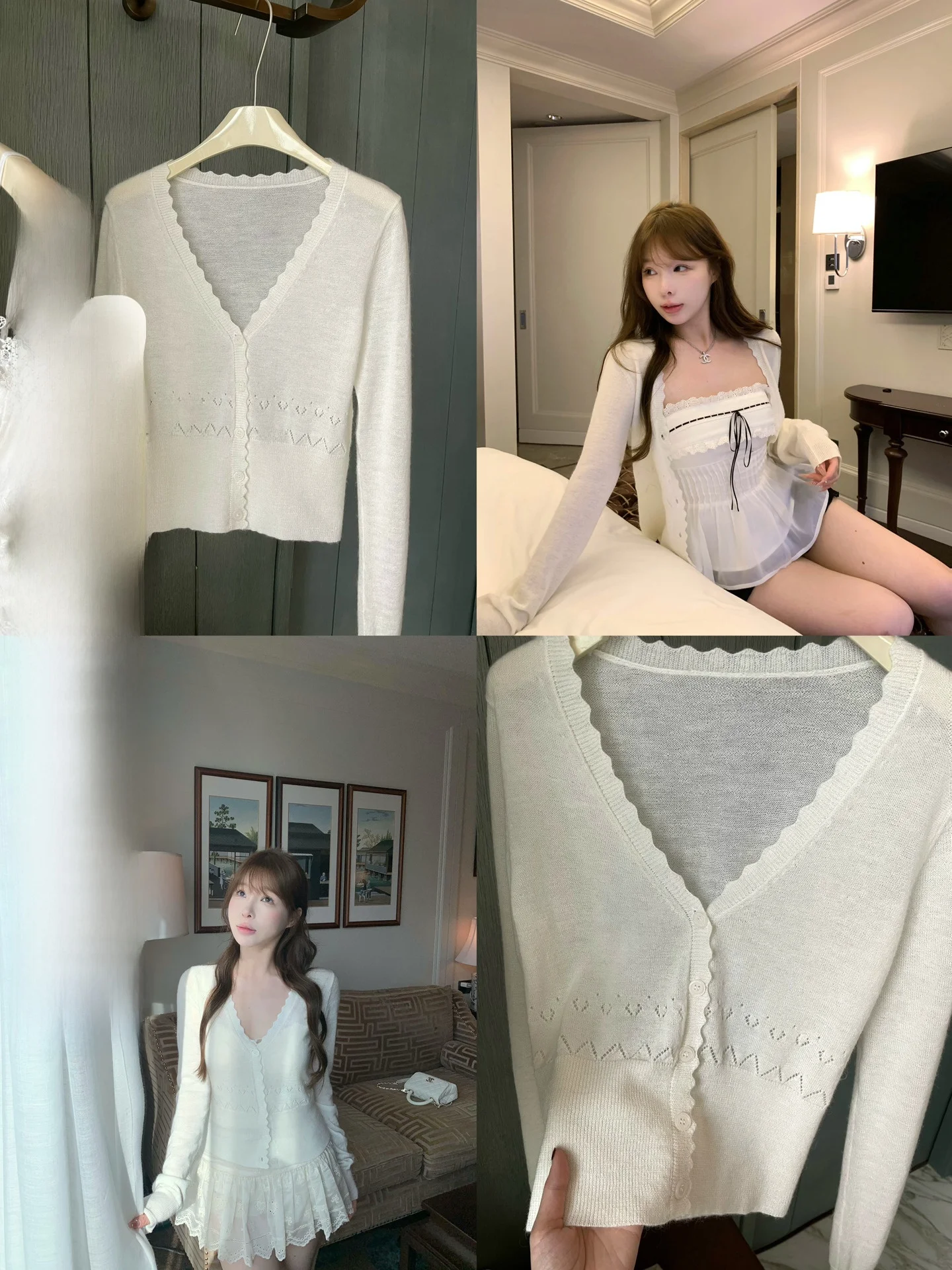 

Lukira Furry Rabbit White Camere Knitted Open Cardigan Women's Spring Summer Hollow out Crochet Outerwear Top