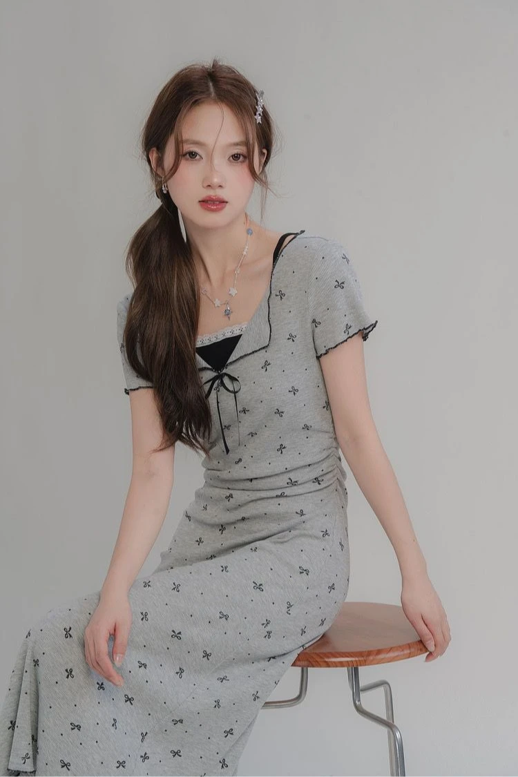 Schickes, kurzärmliges Maxi-Bodycon-Kleid in A-Linie mit Schmetterlings-Schleifenkragen, geripptes, zweiteiliges, schlankmachendes langes Kleid für den Frühling und Sommer