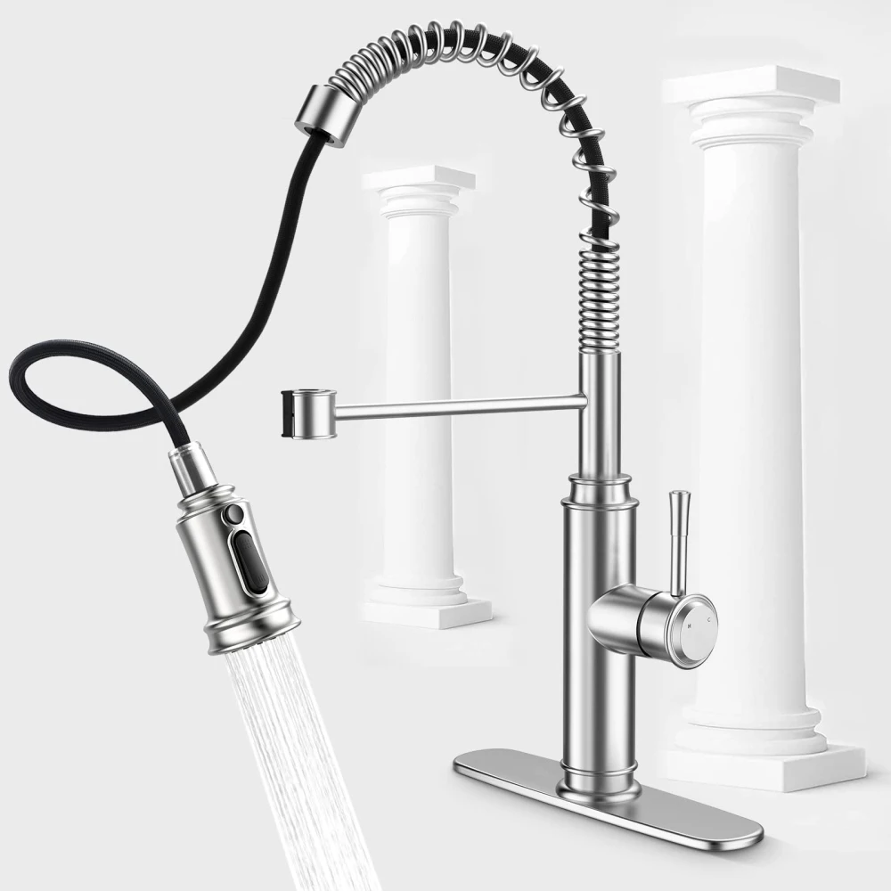 

Kitchen Faucet - Spring Kitchen Sink Faucet with 3 Modes Pull Down Sprayer, Single Handle&Deck Plate for 1or3 Holes, 360° Rotation, Spot Resist Stainless Steel No Lead for RV Bar Home
