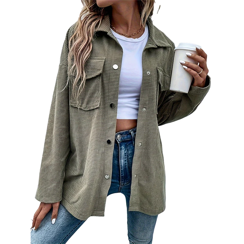 Waffle Fabric Commute Elegant Perppy Shirts High Street Casual Autumn Blouses Workwear Spring Women Female Pockets Basics Jacket