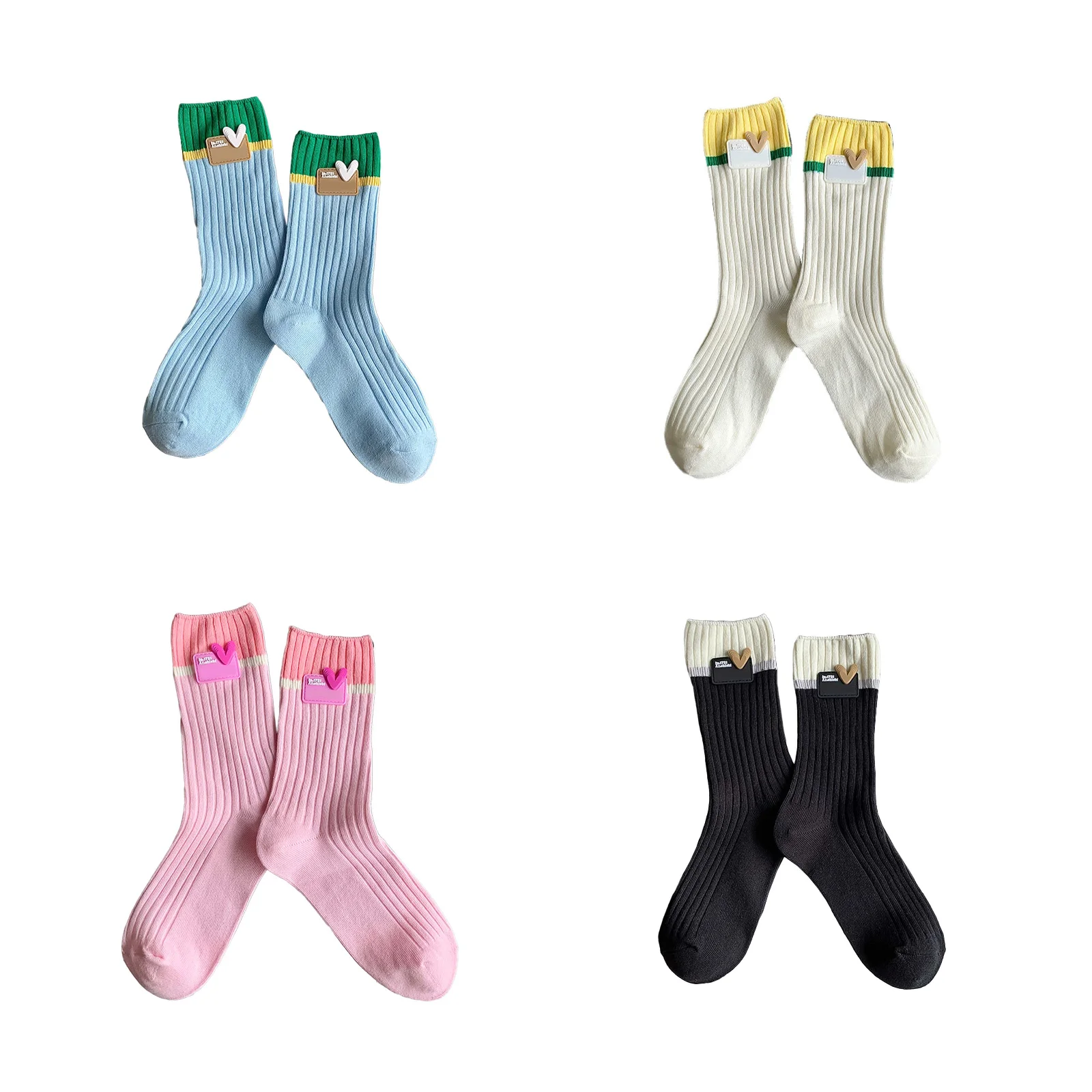 

Color-blocked double-needle socks for women, 4 pairs of mid-calf socks (light blue/white/pink/black)