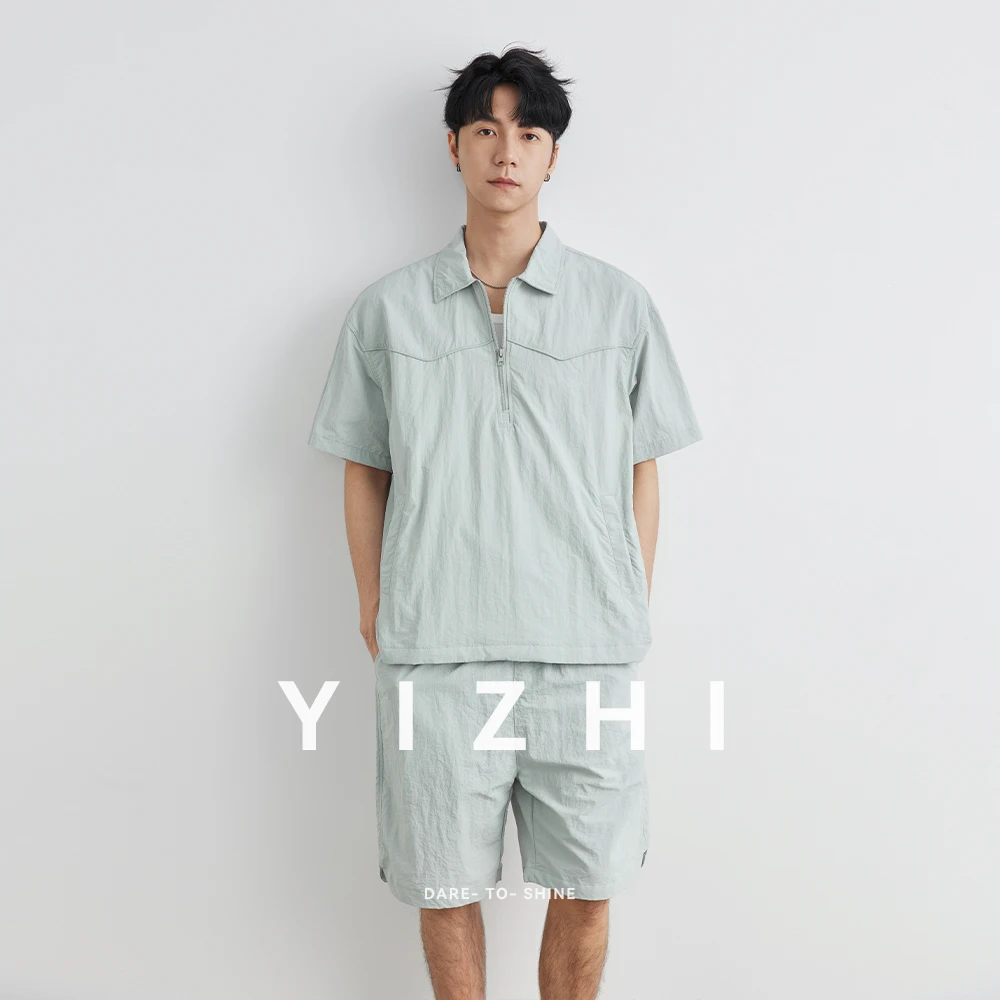 Fashion Men's Short Sleeve Shorts Suit Ice Silk Leisure Sports Outdoor Breathable Summer Lapel Top Elastic Waist Shorts Men Suit