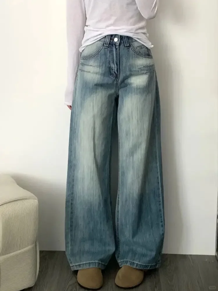 Houzhou vintage y2k 2000s baggy jeans mulher harajuku moda coreana calças jeans casual clássico básico retro calças soltas outono