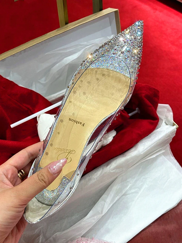 

New rhinestone flat bottomed transparent pointed crystal shoes for women's shallow mouth versatile fairy style wedding shoes