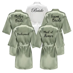 Wedding Party Bridesmaid Maid of Honor Robe With Black Writing Letter Women Lady Grass Green Satin Bathrobe Kimono