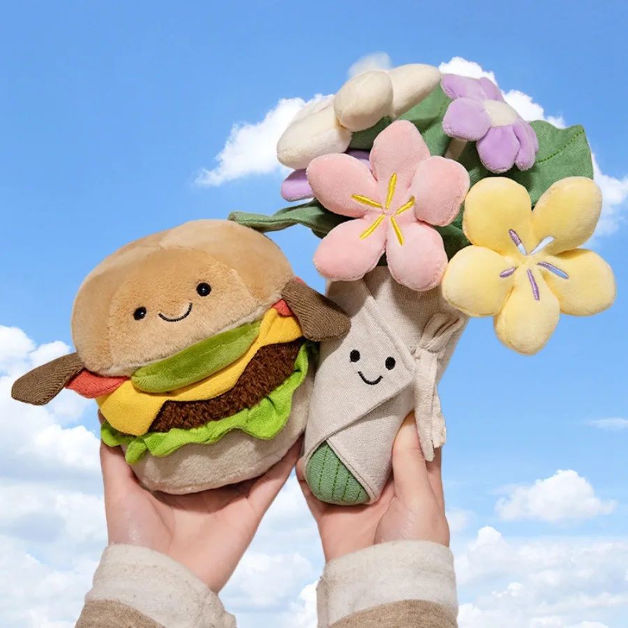 Muñeco de peluche de hamburguesa, muñeco de peluche con forma de corazón y flor, bonito ramo de hamburguesa, decoración del hogar, regalo de graduación, muñeca de boda