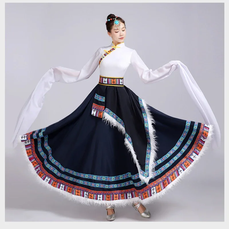 

Mongolian National Tibetan Dress Modern Minority Performance Costume Traditional Folk Stage DanceWear Tibetan Outfit Long Skirts