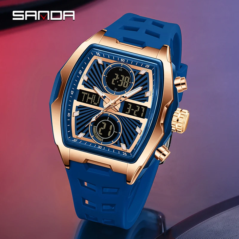 SANDA 6299 электронные кварцевые часы для мужчин, модный Tonneau-образный циферблат, светящиеся водонепроницаемые противоударные спортивные мужские цифровые часы