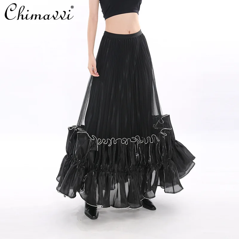 

French Style Elegant Heavy Industry Pleated Mesh Skirts Fashion Casual Elastic High Waist A-line Black Long Skirt for Women