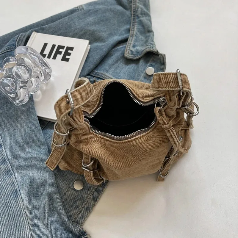 Belt Design Denim Shoulder Bag For Women Korean Fashion Luxury Underarm Bags 2024 New Y2k Retro Handbags Trend Crossbody Bag