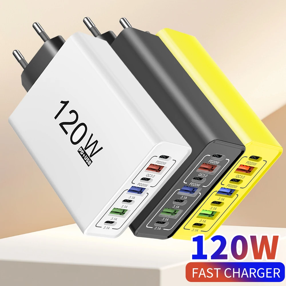 

USB C Phone Charger 120W Multi Ports Fast Charging Type C Wall Charger Adapter For iPhone 15 16 Samsung Xiaomi Huawei EU/US Plug