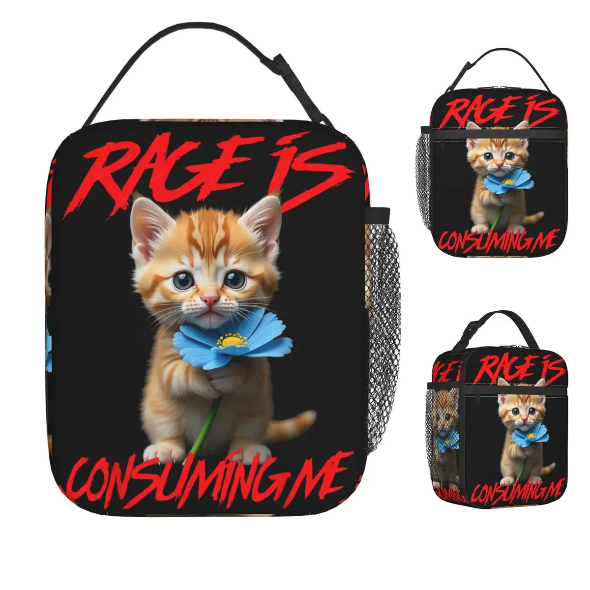 

Rage Is Consuming Me Cute Angry Kitten Забавная сумка для обеда с котом для ребенка Ланч-бокс для отдыха на открытом воздухе Сумка-холодильник для пикника Сумки для еды