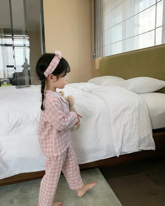 Girl\'s Turndown Collar Pink Plaid Pajama Sets Cute Kid Vintage Toddler Kid‘s Pyjamas Set Sleep Loungewear Children’s Clothing