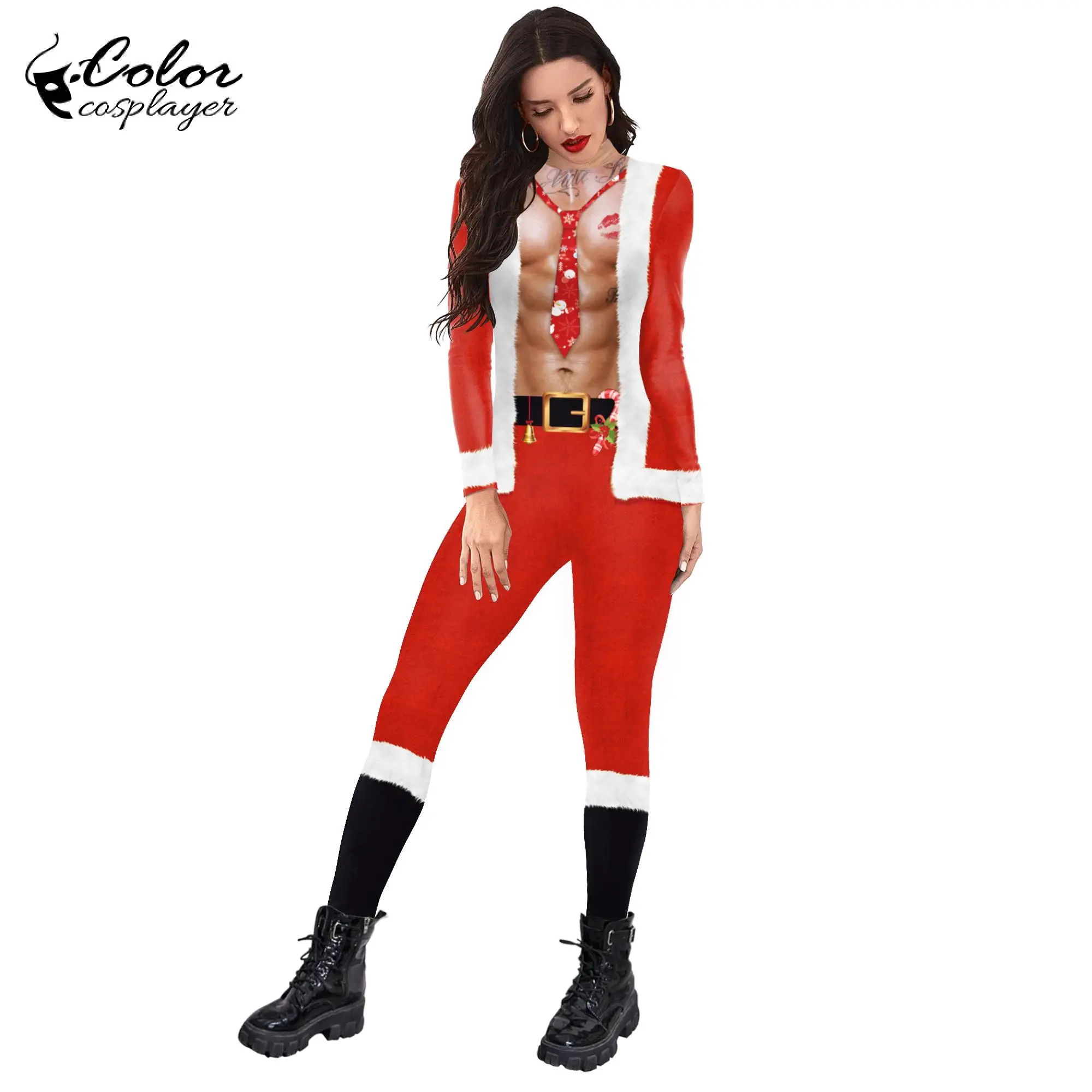 Colore Cosplayer festa di natale manica lunga Costume Cosplay donne tute Skinny Santa stampato Catsuit Zentai tute