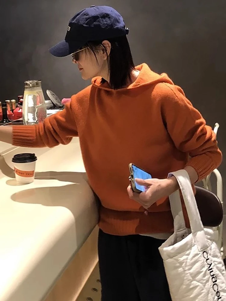 

100% чистый свитер, женский свободный пуловер с капюшоном, трикотажная нижняя рубашка, свитер с капюшоном, кашемировый свитер.