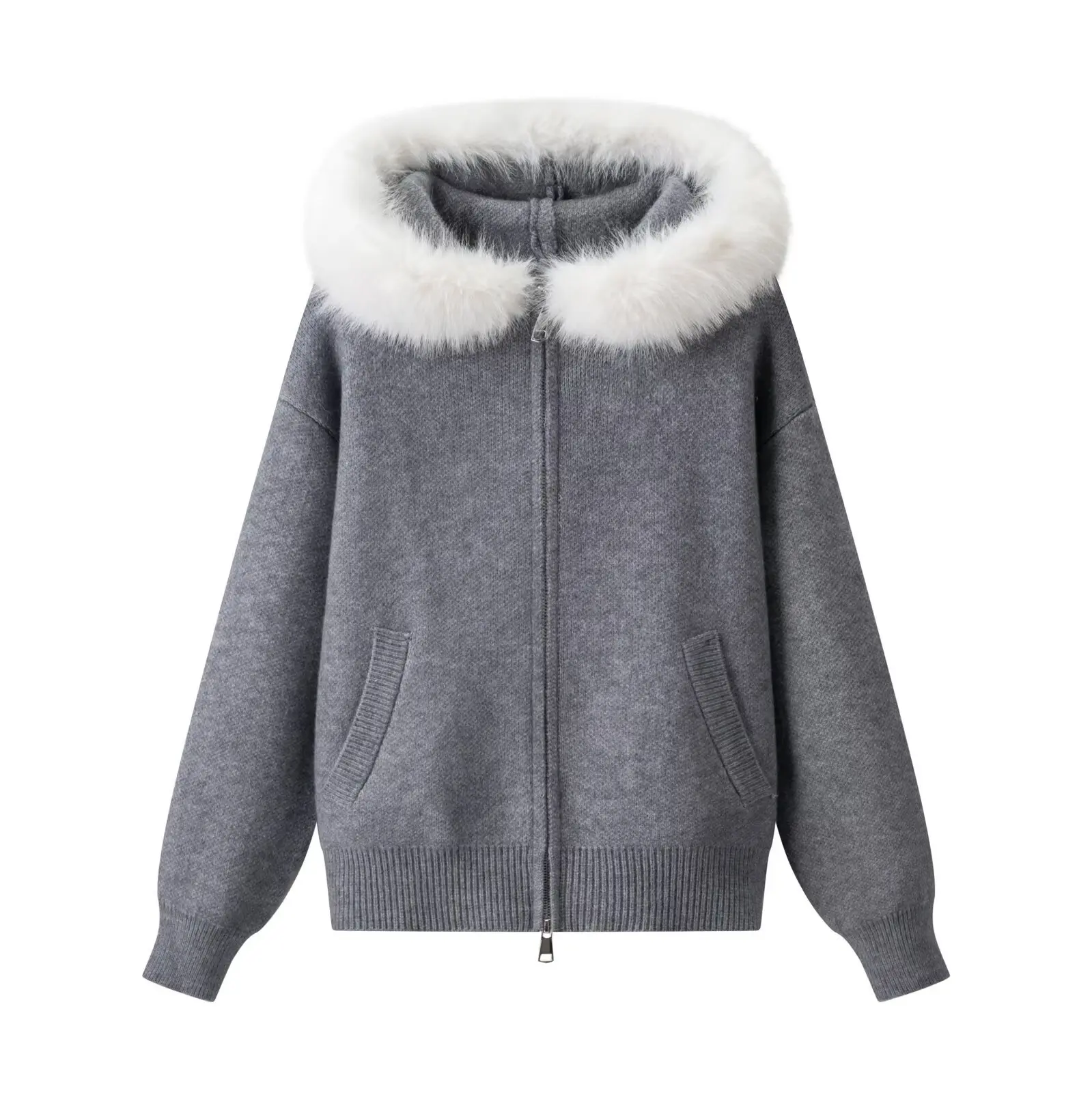 

Women's Fashion Loose Coat Autumn Vintage Lazy Style Designer Zipper Fur Collar Hooded Sweater Outwear Warm Thick Knit Jacket