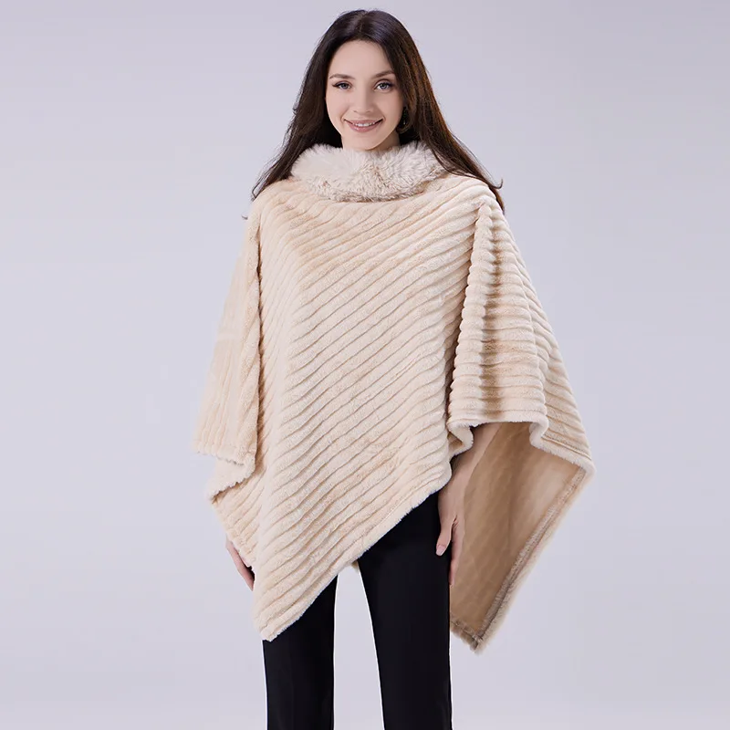 Autumn Winter Faux Mink Fur Collar Pullover Shawl Irregular Large Size Knitted Cape Loose Cloak Coat For Women Warm Cashmere