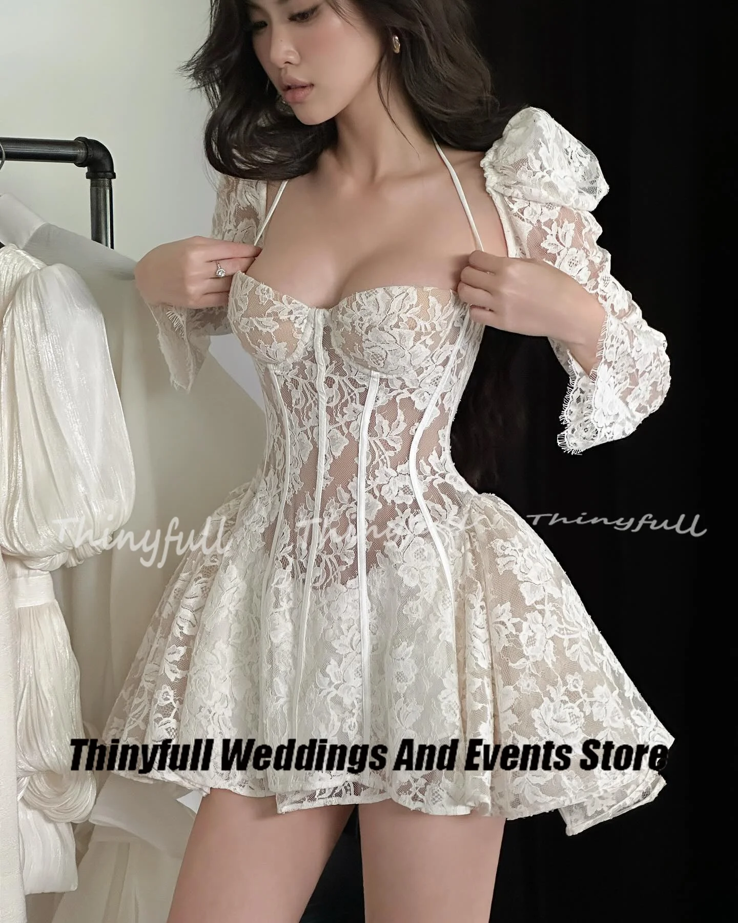 Thinyfull A-line Short Lace Prom Dresses Sweetheart Full Sleeves Evening Gown Birthday Party Dress Robe De Soirée Customized