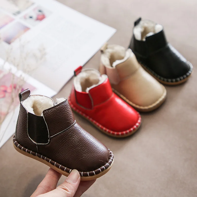 

Genuine Leather Baby Boys Shoes Winter Warm Thicken Plush Girls Snow Boots Non-slip Outsole Fashion Infant Ankle Boots