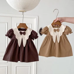 2024 New Summer Baby Girls Sweet Bow Dress Toddler Cute Color Block Peter Pan Collar A Line Dresses