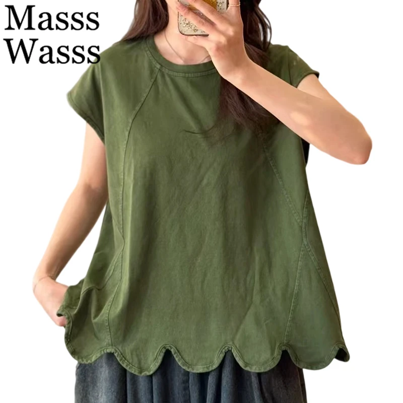 

Masss Wasss 2025 Summer Fashion Design Tees Women Loose Casual Elegant Tshirts Ladies Classic O Neck Cotton Tops Vintage Clothes