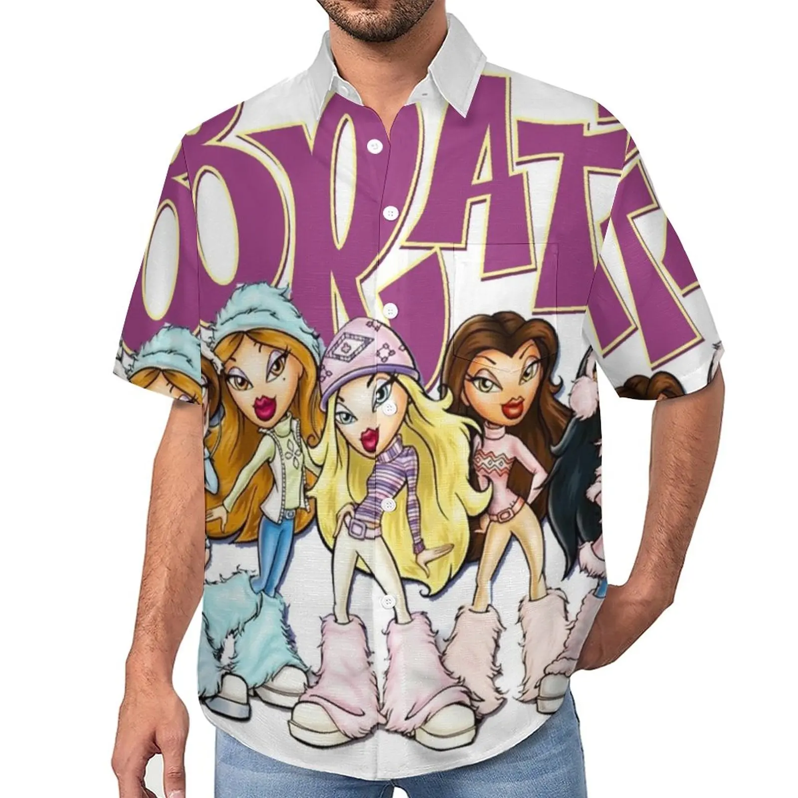 Bratz Vacation Shirt Jasmin Y2k Dolls Hawaiian Casual Shirts Mens Vintage Blouses Short Sleeve Design Clothing Big Size