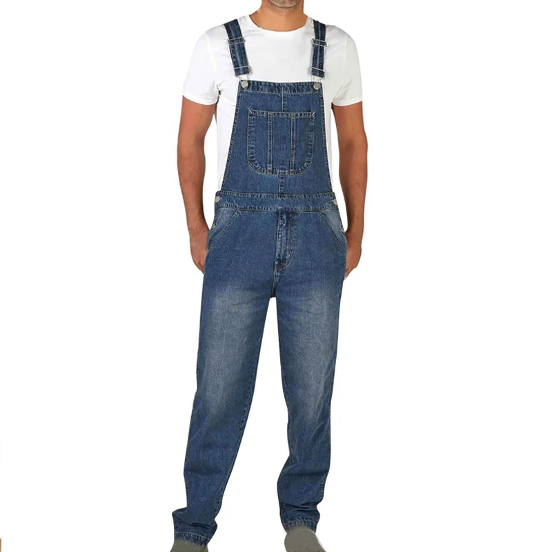 Spring/summer men's jeans small leg suspenders one-piece high-waisted solid color plus size personality blue long suspenders