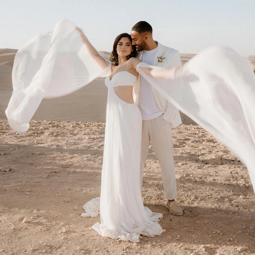 

Шифоновое свадебное платье в стиле бохо со съемными длинными рукавами на тонких бретельках с открытой спиной, сексуальное свадебное платье шикарного цвета TSWD684