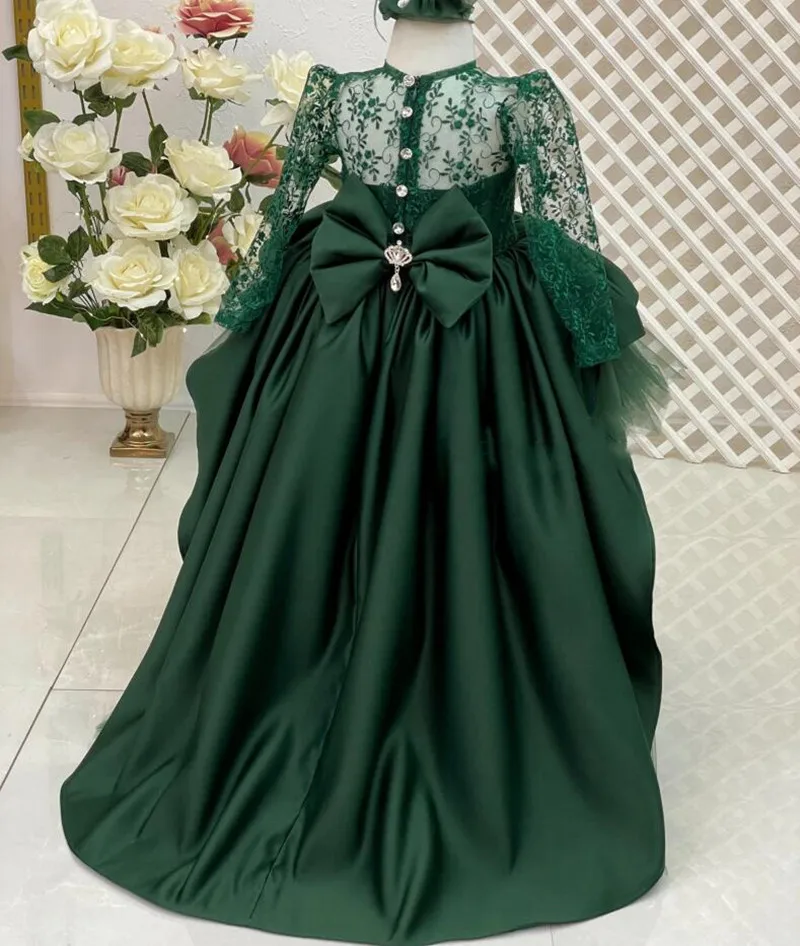 Vestidos de flores verdes esmeralda para niñas, vestido de desfile bordado de encaje para bodas, vestidos de baile de cumpleaños con lazo grande