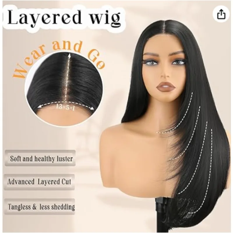 Pruik met synthetische kant, lang recht, met omgedraaide uiteinden, gestreept haar, dames, lijmloos, voorgeplukt, middendeel, hittebestendig