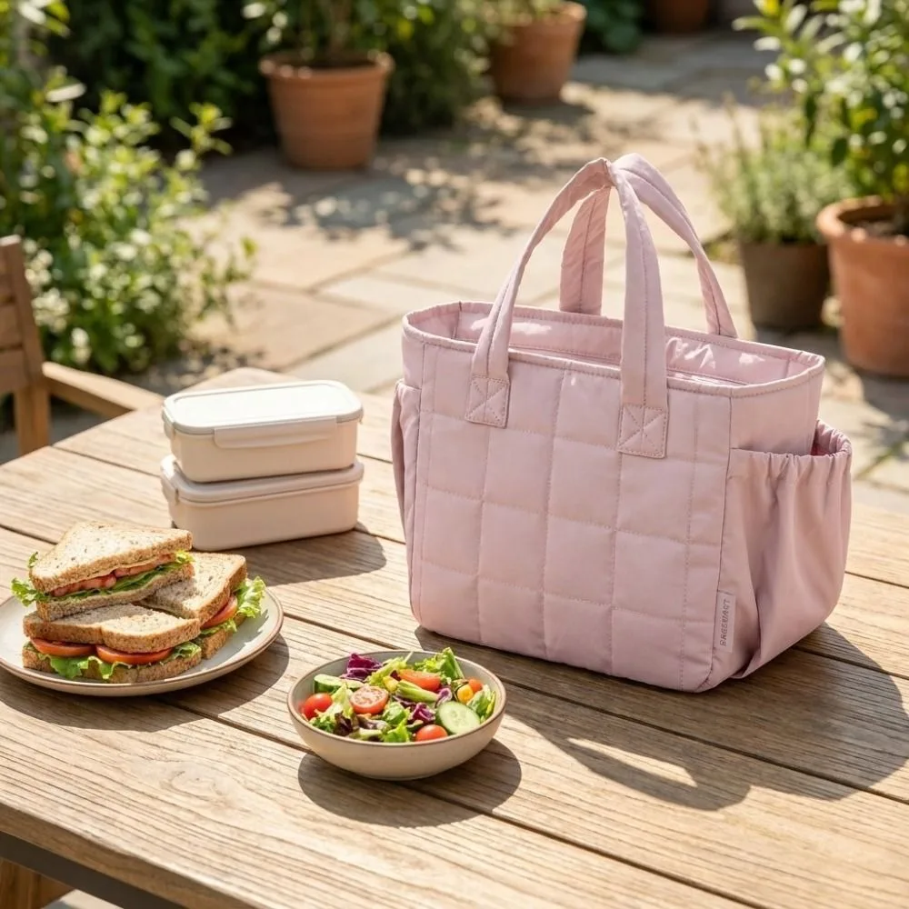 Solid Color Quilted Lunch Bag Thickened Waterproof Insulated Handbag Portable with Bottle Pocket Insulated Lunch Tote Picnic