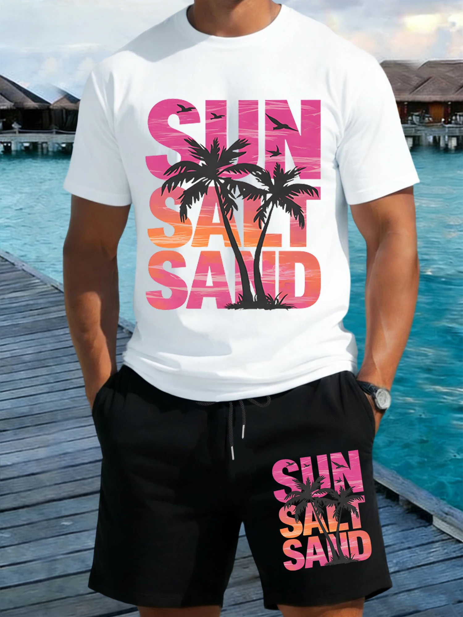 

Sun Salt Sand Coconut Tree Design T-Shirts Suits Men Cotton Summer T Shirt Wide-Leg Shorts Man Pocket Drawstring Black Pant
