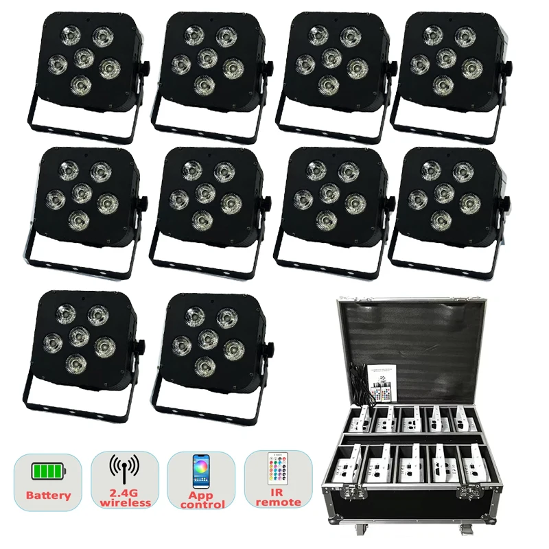 

Сценическое освещение: 6 светодиодных прожекторов 18W RGBWA+UV 6-в-1 с DMX 512, Wi-Fi, питанием от аккумулятора, беспроводным пультом ДУ, для свадеб и вечеринок