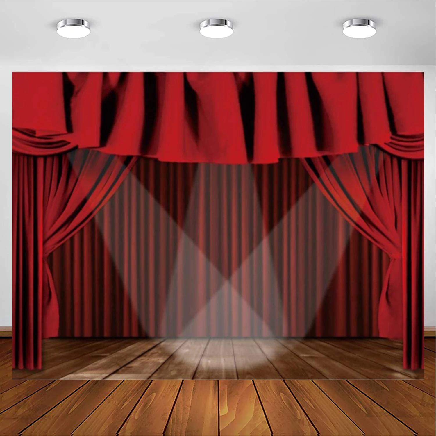 Stage Curtain Photography Backdrop Wooden Floor Stage Spotlight Award Ceremony Background For Birthday Party Banner Decor