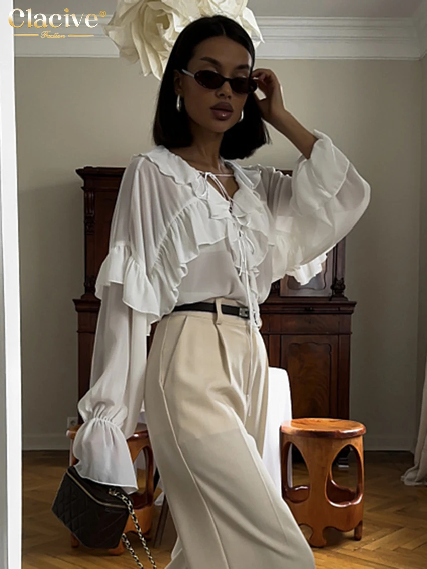 Clacive Fashion Loose White Women's Shirt 2025 Sexy V-Neck Long Sleeve Shirts Lady Elegant Classic Ruffles Tops Female Clothing