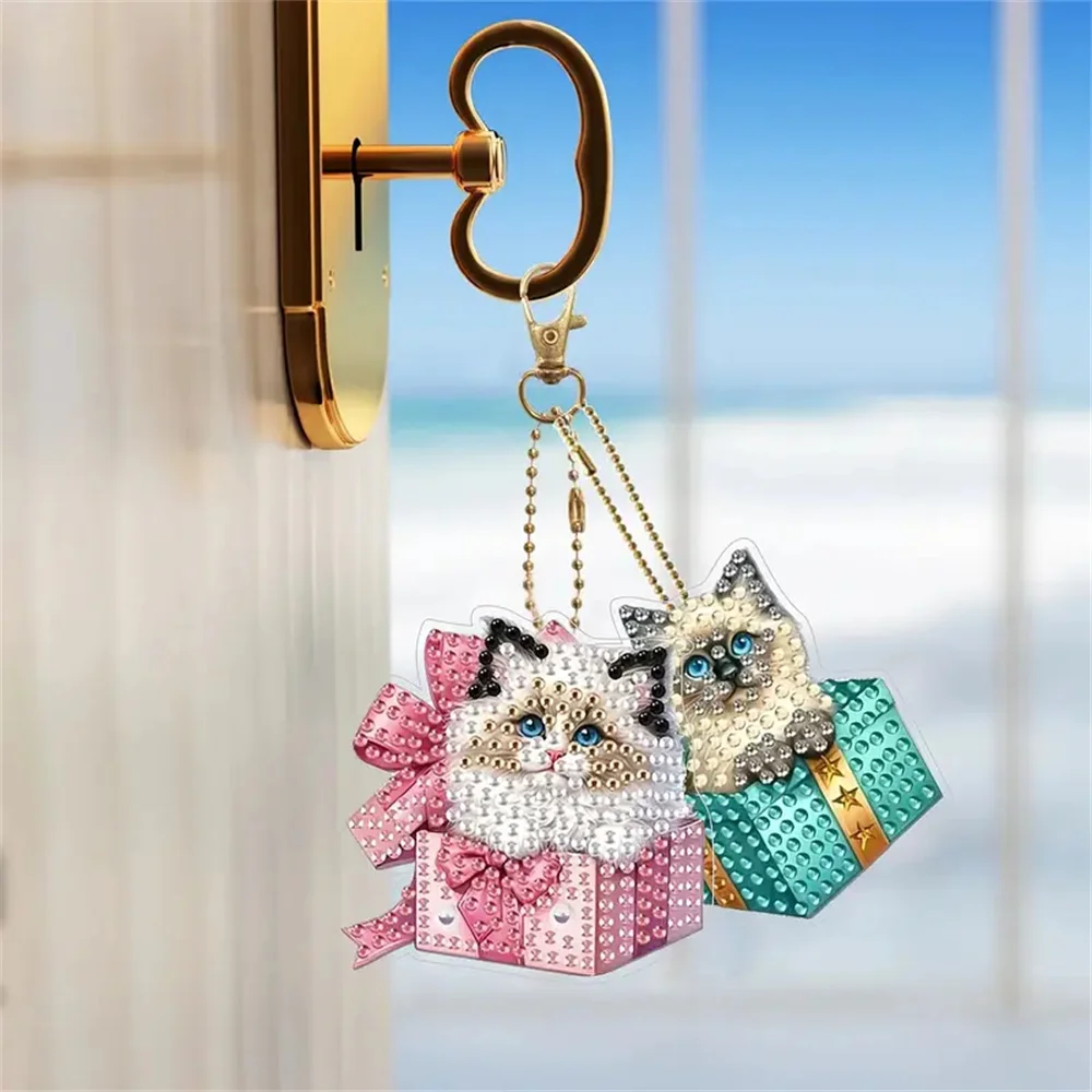 سلسلة مفاتيح ماسية مكونة من 6 قطع - سلسلة نمط القط، ديكور مصنوع يدويًا، مجموعة ألوان ماسية، سلسلة مصنوعة يدويًا #4