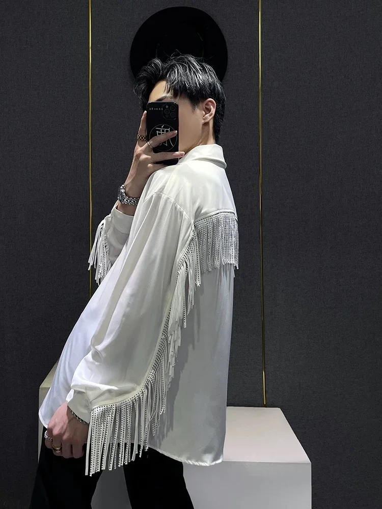 المتخصصة نمط الظهر شرابة الربط موضة أسود أبيض كم طويل قميص الرجال 2025 الصيف الشارع قمصان أنيقة غير رسمية