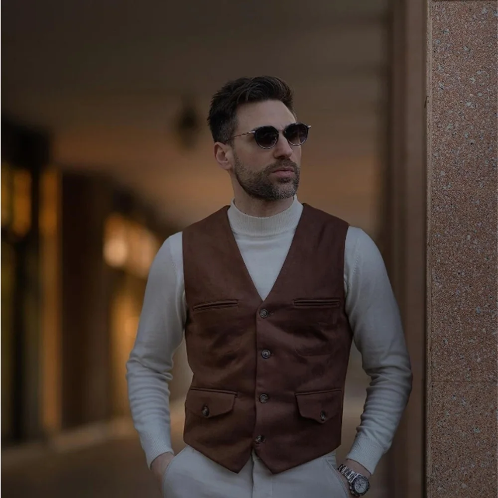 Suits Men’s Vest Work Wear Suede Leather Casual V-Neck Single Breasted Slim Fit Wedding  Vests Male Coat Colete Social Masculino