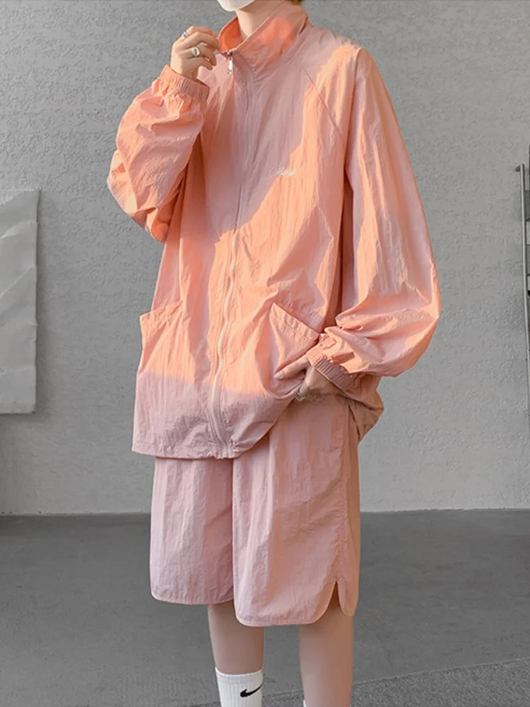 

Розовый летний комплект мужской одежды из ледяного шелка с защитой от солнца: модная верхняя одежда свободного кроя с длинными рукавами на молнии