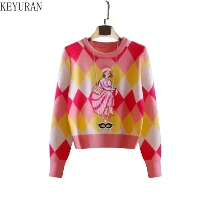 Vintage Cartoon Embroidery Sequins Knit Pullover Sweater Women Spring Autumn O-Neck Fashion Contrast Color Kntiwear Tops Jumper