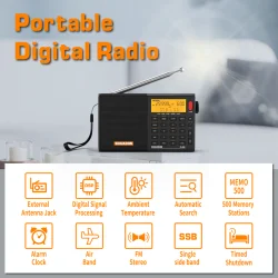 SIHUADON D-808 AM/FM/SW/MW SSB AIR RDS Full Band Portable Radio with Multifunction Deep Sound Stereo Rechargeable Radio Receiver