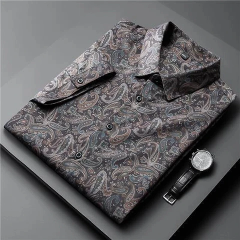 

Spring New Men's Korean Youth All-match Print Shirt Tops Long Sleeve Loose Plus Size Vintage Blouse Casual Fashion Men Clothing
