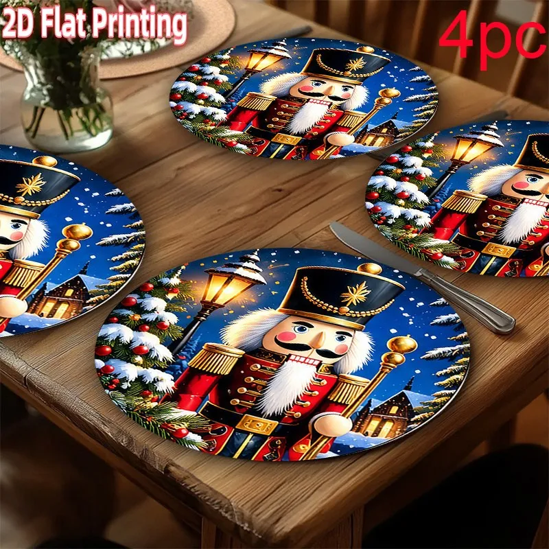 VIKAMA Linen Oval Placemats, Blue Night Nutcracker Lamp, Washable Stain Resistant Easy Clean, Festive Holiday Dining